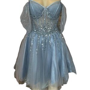 Off the Shoulder Misty Blue Beaded A-line Short Dress
